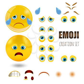 Yellow sad smiley emoticons creation set, emoji, vector illustration.