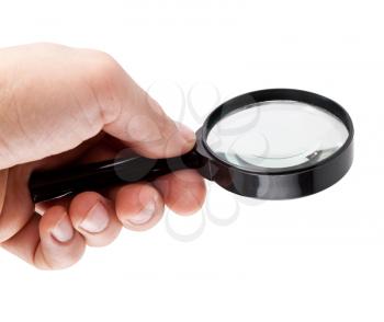 Magnifying glass in hand isolated on white background 
