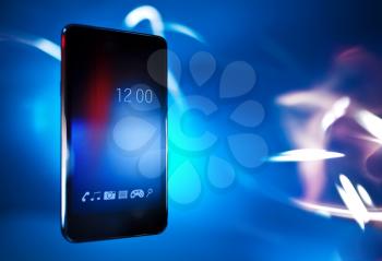 Black smart phone on blue defocus background, concept, template design