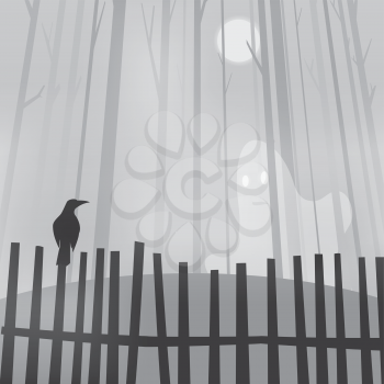 Halloween background with ravens on fence and ghost