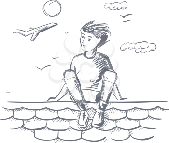 Reaching a dream. Dreaming boy on the roof. Outline illustration