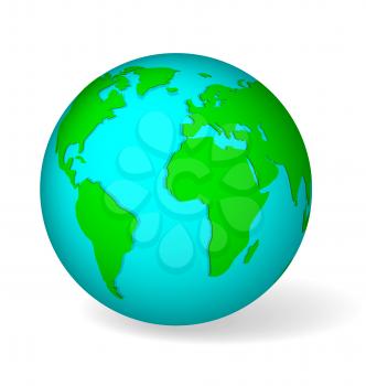Blue globe symbol with green world map. Icon of Earth isolated on white with realistic shadow.
