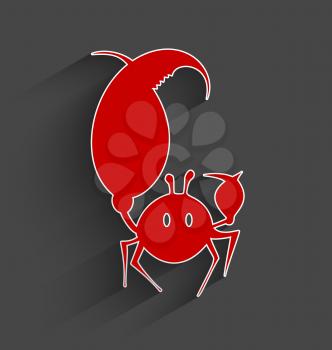 Vector illustration of paper cut crab symbol with realistic long shadow.