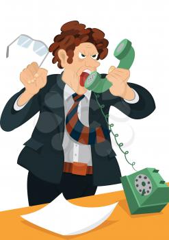 Illustration of cartoon male character isolated on white. Retro hipster man yelling in the old fashioned phone.



