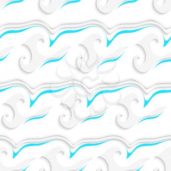 Abstract 3d geometrical seamless background. White wavy lines and shapes and blue details pattern with cut out of paper effect. 
