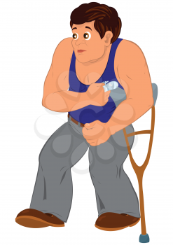 Illustration of cartoon male character isolated on white. Cartoon man in blue sleeveless top walking injured.
