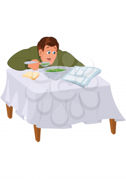 Illustration of cartoon male character isolated on white. Cartoon man in green sweater eating soup and reading newspaper.
