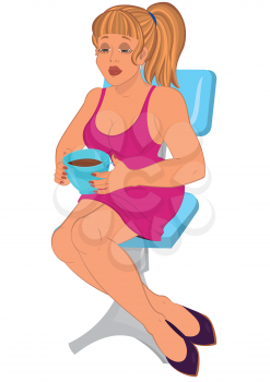 Illustration of cartoon female character isolated on white. Cartoon woman in pink dress sitting on blue chair with coffee.





