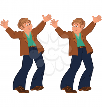 Illustration of two cartoon male characters isolated on white. Happy cartoon man standing in blue pants happily holding hands up.
