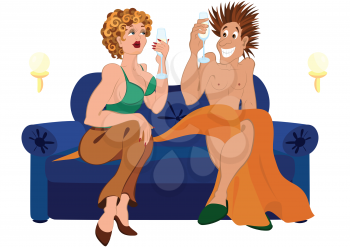 Illustration of cartoon couple. Cartoon couple drinking champagne cocktail sitting on blue couch.





