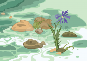 Illustration of cartoon landscape. Cartoon flowers stones and brook.




