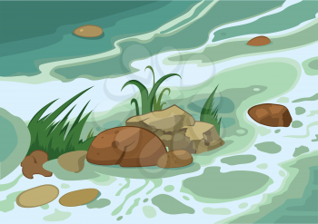 Illustration of cartoon landscape. Cartoon grass stones and brook.




