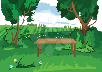 Illustration of cartoon landscape. Cartoon grass trees and bench.





