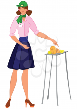 Illustration of cartoon female character isolated on white. Cartoon woman in green hat offering cheese samples.
