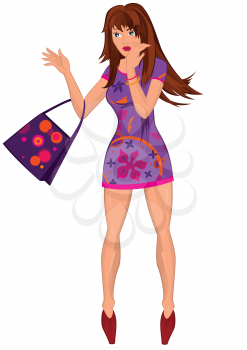 Illustration of cartoon female character isolated on white. Cartoon young woman in mini purple dress with bag.






