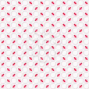 Seamless stylish geometric background. Modern abstract pattern. Flat textured design. Colored red and pink with hairy circles on white.