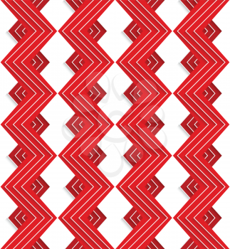 Seamless geometric background. Modern 3D texture. Pattern with realistic shadow and cut out of paper effect.Red embossed zigzag with white lines.