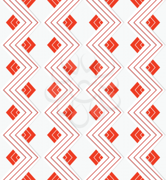 Seamless geometric background. Modern 3D texture. Pattern with realistic shadow and cut out of paper effect.White embossed zigzag with red lines.