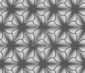 Seamless geometric pattern. Gray abstract geometrical design. Flat monochrome design.Monochrome gradually striped black three pedal flowers.