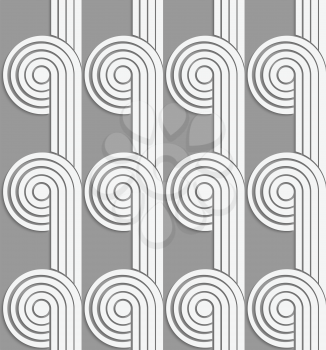 White and gray background with cut out of paper effect. Modern 3D seamless pattern.Paper cut out circles with continues stripes on gray.