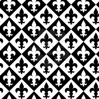 Black and white alternating Fleur-de-lis on diamonds.Seamless stylish geometric background. Modern abstract pattern. Flat monochrome design.