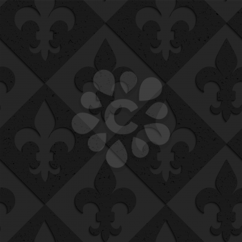 Black textured plastic Fleur-de-lis on diamonds.Seamless abstract geometrical pattern with 3d effect. Background with realistic shadows and layering.