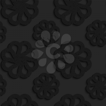 Black textured plastic flowers with rim.Seamless abstract geometrical pattern with 3d effect. Background with realistic shadows and layering.