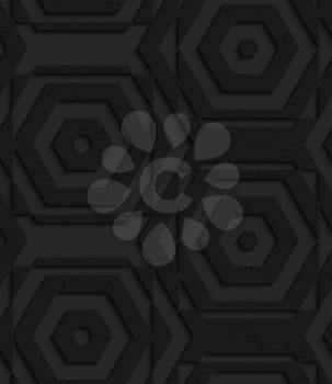 Black textured plastic striped hexagons.Seamless abstract geometrical pattern with 3d effect. Background with realistic shadows and layering.