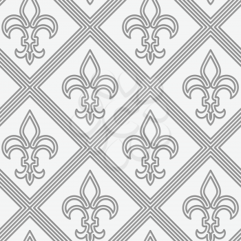 Perforated double countered Fleur-de-lis.Seamless geometric background. Modern monochrome 3D texture. Pattern with realistic shadow and cut out of paper effect.
