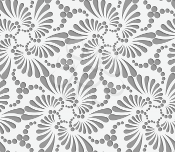 Perforated flourish tear drops six foils and dots.Seamless geometric background. Modern monochrome 3D texture. Pattern with realistic shadow and cut out of paper effect.