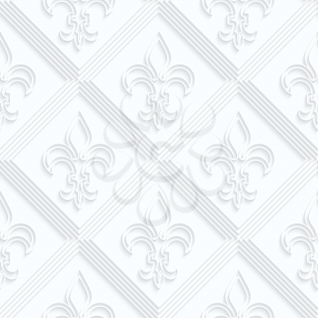 Quilling paper Fleur-de-lis with double grid.White geometric background. Seamless pattern. 3d cut out of paper effect with realistic shadow.