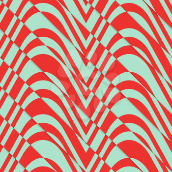 Retro 3D bulging red and green waves diagonally cut.Abstract layered pattern. Bright colored background with realistic shadow and thee dimentional effect.