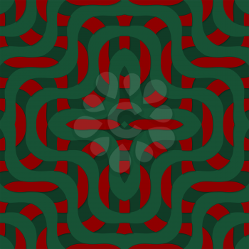 Retro 3D green and red overlapping waves.Abstract layered pattern. Bright colored background with realistic shadow and thee dimentional effect.