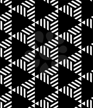 Black and white striped and black triangles.Seamless stylish geometric background. Modern abstract pattern. Flat monochrome design.
