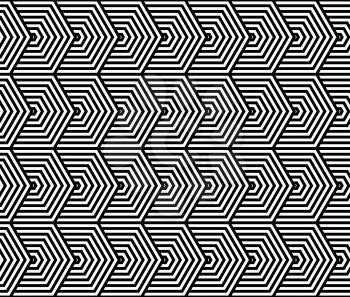 Black and white striped horizontal hexagons.Seamless stylish geometric background. Modern abstract pattern. Flat monochrome design.