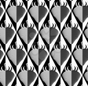 Black and white striped strawberry on diamonds.Seamless stylish geometric background. Modern abstract pattern. Flat monochrome design.