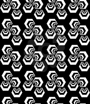 Black and white striped three turned hexagons.Seamless stylish geometric background. Modern abstract pattern. Flat monochrome design.