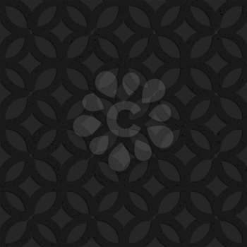 Black textured plastic irregular grid with circles.Seamless abstract geometrical pattern with 3d effect. Background with realistic shadows and layering.