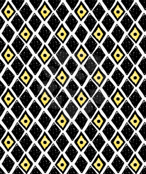 Artistic color brushed black and yellow diamonds.Hand drawn with ink and marker brush seamless background.Abstract color splush and scribble design.