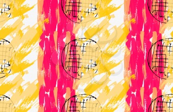 Artistic color brushed yellow pink texture with black circles.Hand drawn with ink and marker brush seamless background.Abstract color splush and scribble design.