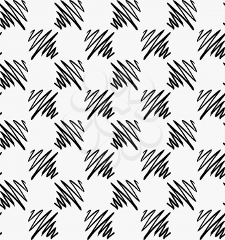 Black marker drawn hatched zigzag squares.Hand drawn with paint brush seamless background. Abstract texture. Modern irregular tilable design.