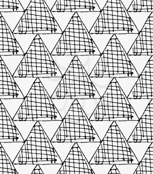 Black marker hatched triangles.Free hand drawn with ink brush seamless background. Abstract texture. Modern irregular tilable design.