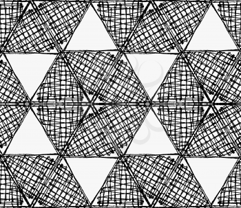 Black marker scribbled hexagons in row.Free hand drawn with ink brush seamless background. Abstract texture. Modern irregular tilable design.