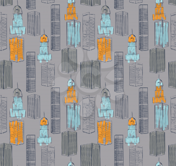 Buildings downtown.Hand drawn with ink and colored with marker brush seamless background.Creative hand made brushed design.Buildings collections six color pallet.