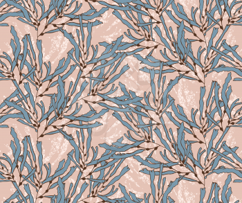 Kelp seaweed blue on texture .Hand drawn with ink seamless background.Modern hipster style design.