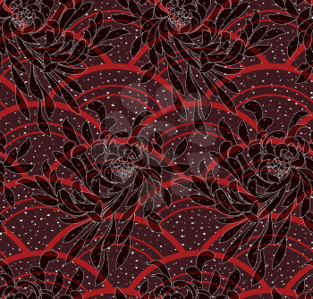 Aster flower on red arcs textured with dots.Seamless pattern. Flower design. Aster flower fabric design.