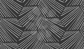 Hatched diagonally hexagonal shapes on black.Black and white simple hatched geometrical pattern.Hand drawn with ink seamless background.Modern hipster style design.