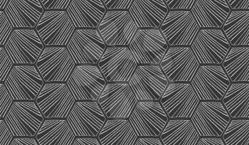 Hatched diagonally hexagons on black.Black and white simple hatched geometrical pattern.Hand drawn with ink seamless background.Modern hipster style design.