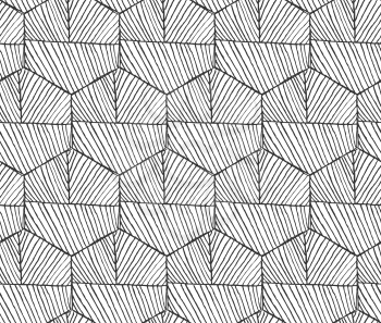 Hatched hexagons with seam horizontal.Black and white simple hatched geometrical pattern.Hand drawn with ink seamless background.Modern hipster style design.