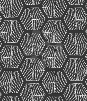 Hatched hexagons with seam on black.Black and white simple hatched geometrical pattern.Hand drawn with ink seamless background.Modern hipster style design.
